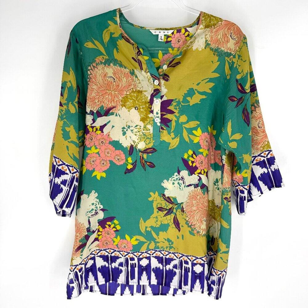 CAbi Poetry Silk Tunic Green Floral Size Small